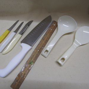misc kitchen items knife, paring knifes, spoons